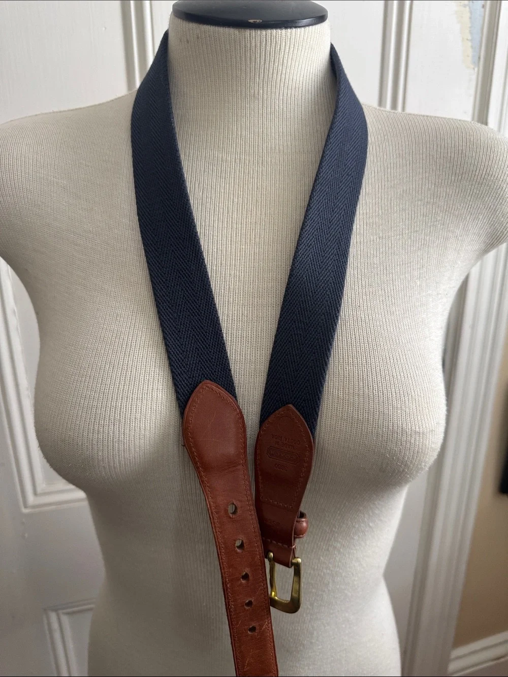 Coach Brown Leather Trim Navy and Cream Striped Belt